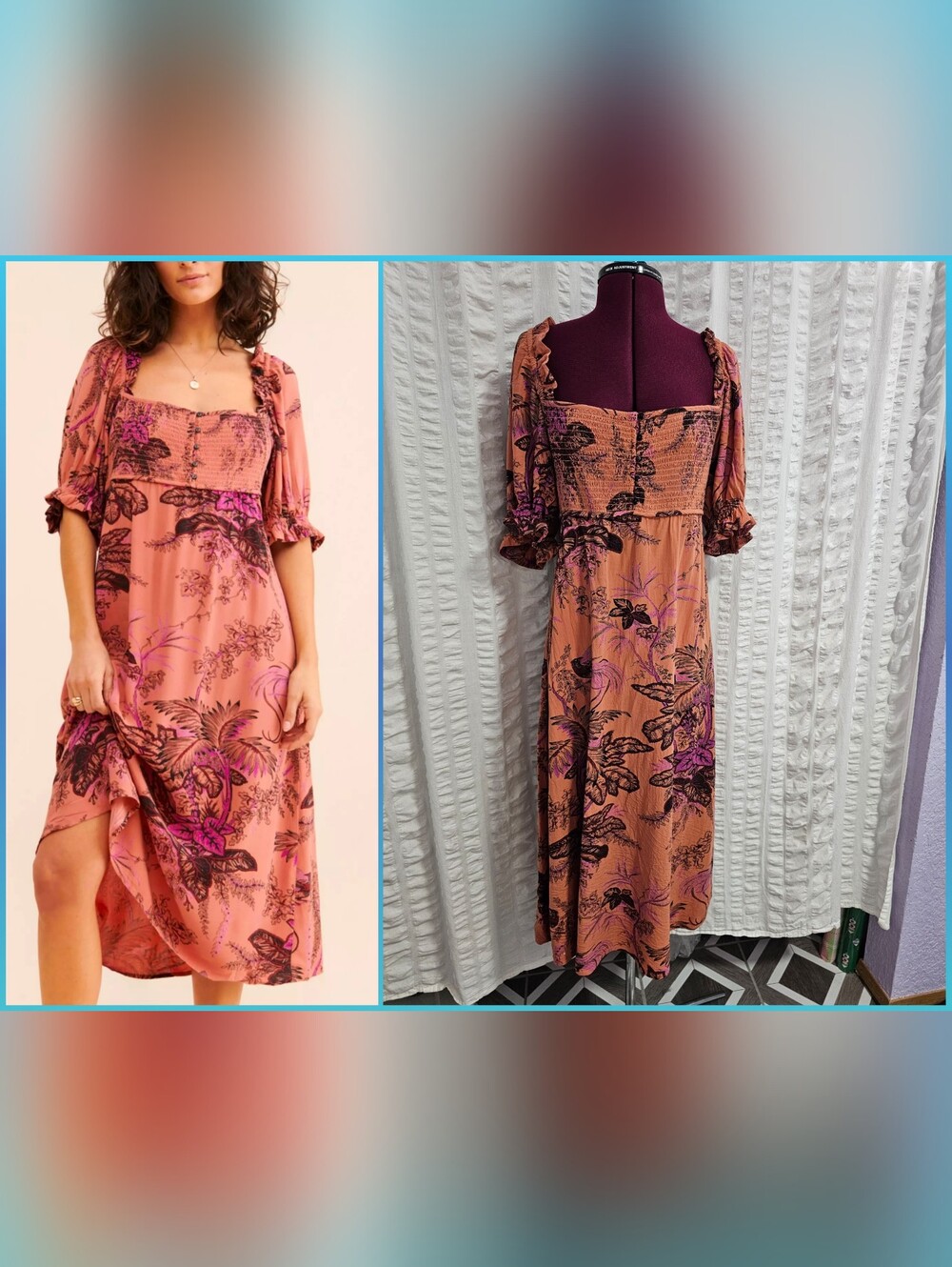 Anthropologie Puff Sleeve Whimsical Coral Smocked Bodice Midi Bird Floral Dress